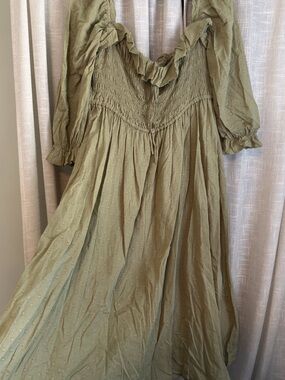 Olive Green Smocked Peasant Midi Dress